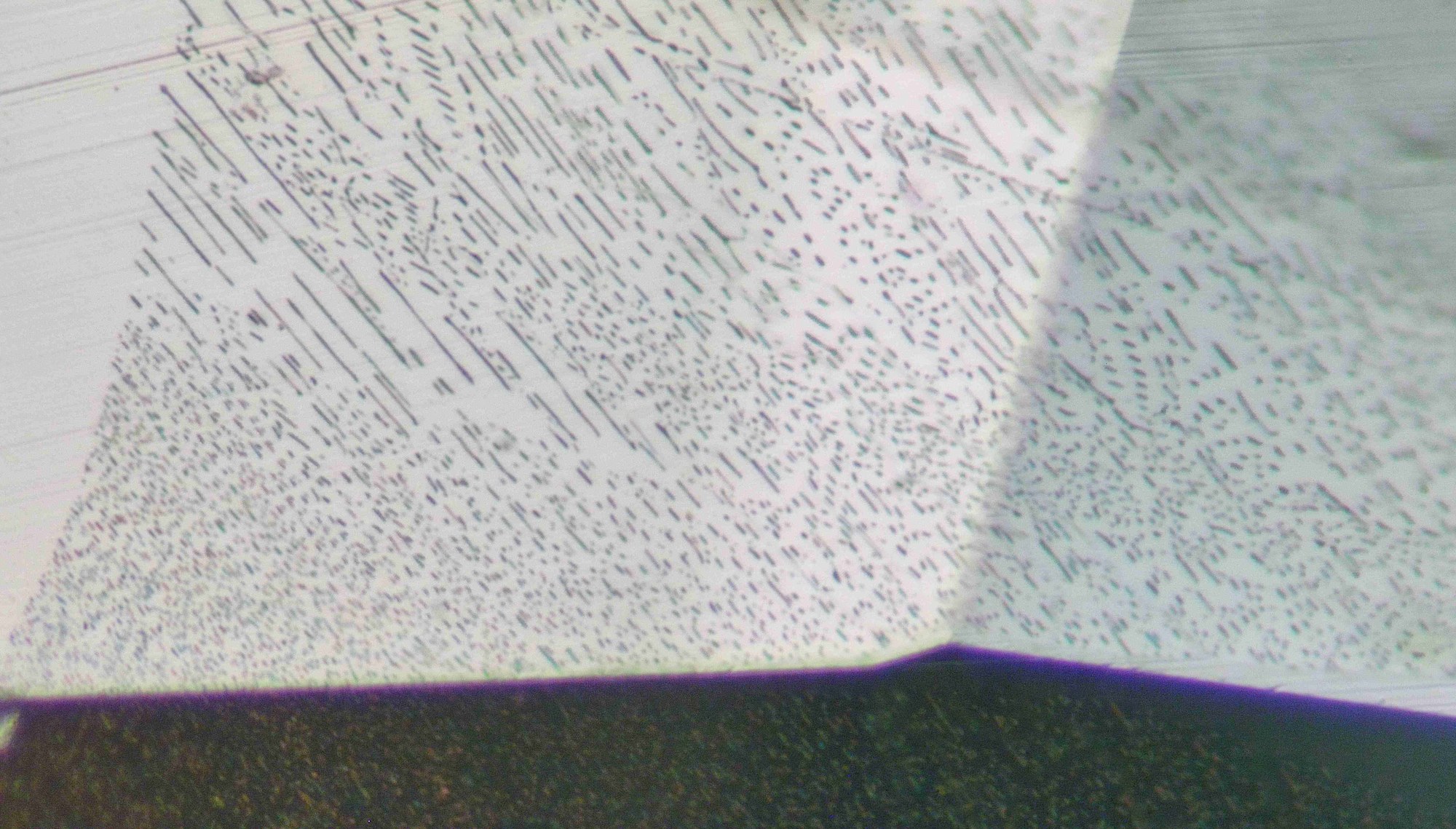 Structures fines et alignées observées au microscope dans une gemme