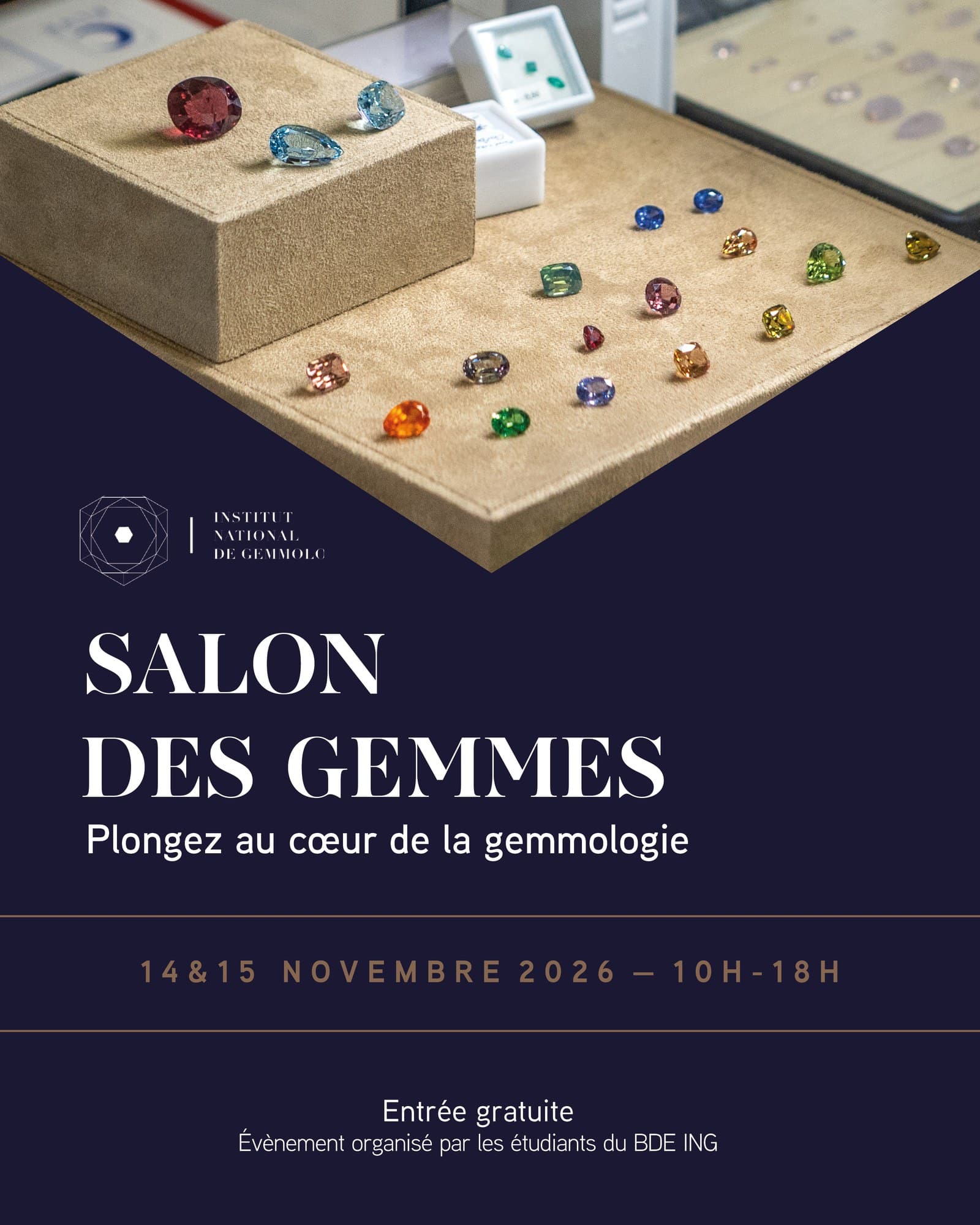 Affiche Salon des Gemmes ING, 14 et 15 novembre 2026, 10 h à 18 h, entrée gratuite